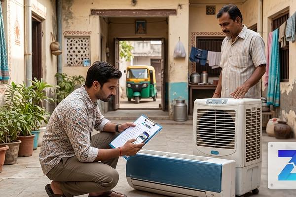 Buyer inspecting a used AC and air cooler in Gujarat with Zutilo listing guidance Buyer inspecting a used AC and air cooler in Gujarat with Zutilo listing guidance