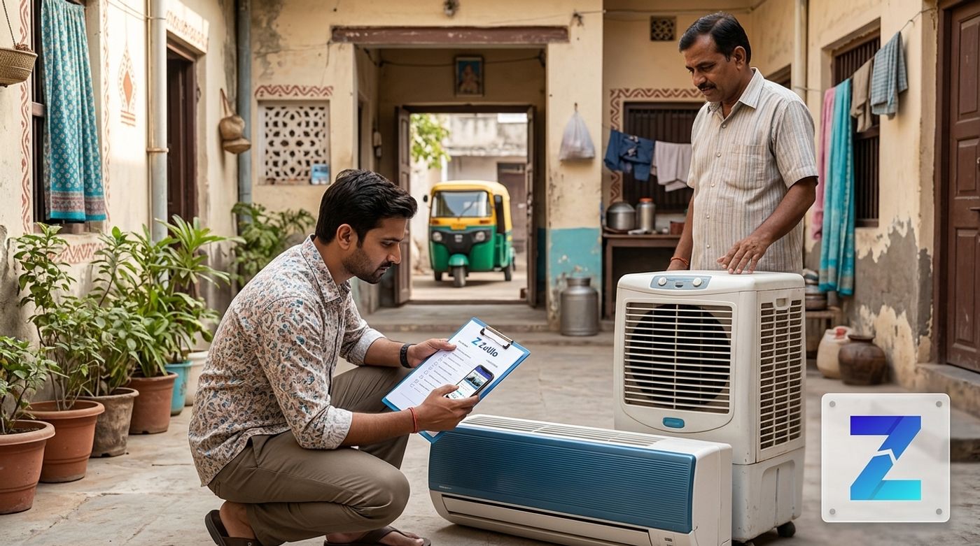 Buyer inspecting a used AC and air cooler in Gujarat with Zutilo listing guidance Buyer inspecting a used AC and air cooler in Gujarat with Zutilo listing guidance