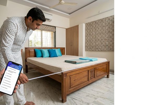 Buyer inspecting a used bed and mattress in Gujarat with a checklist on Zutilo Buyer inspecting a used bed and mattress in Gujarat with a checklist on Zutilo