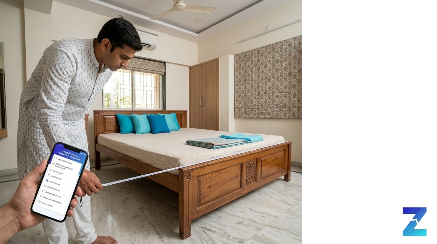 Buyer inspecting a used bed and mattress in Gujarat with a checklist on Zutilo Buyer inspecting a used bed and mattress in Gujarat with a checklist on Zutilo