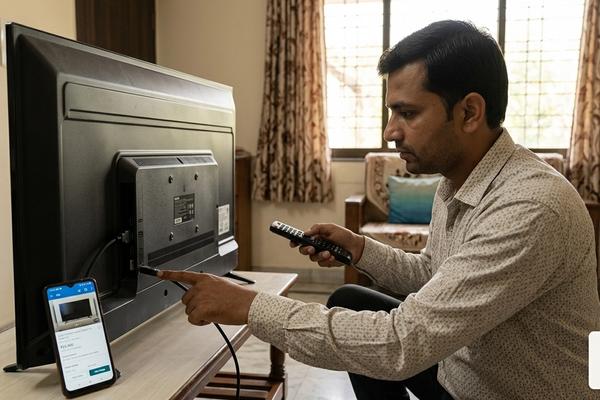 Buyer checking a used LED Smart TV before purchase in Gujarat Buyer checking a used LED Smart TV before purchase in Gujarat
