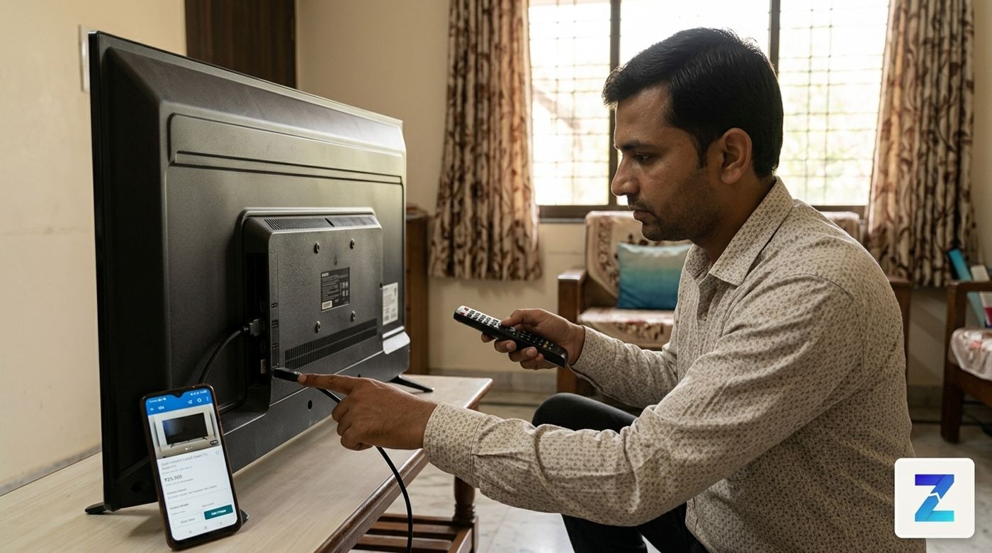 Buyer checking a used LED Smart TV before purchase in Gujarat Buyer checking a used LED Smart TV before purchase in Gujarat