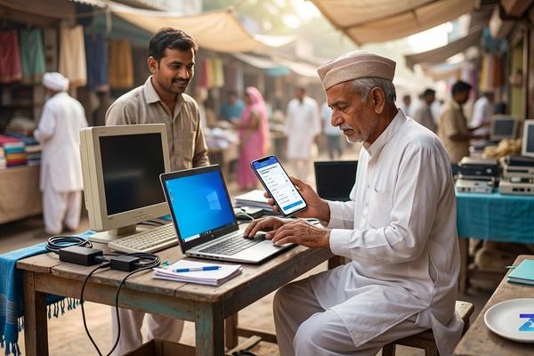 Buyer in Gujarat inspecting a used laptop and desktop before purchase on Zutilo Buyer in Gujarat inspecting a used laptop and desktop before purchase on Zutilo