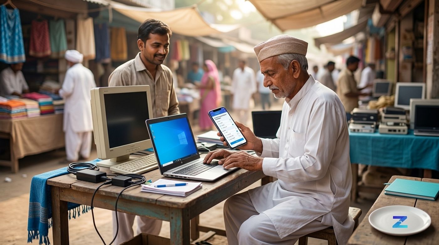 Buyer in Gujarat inspecting a used laptop and desktop before purchase on Zutilo Buyer in Gujarat inspecting a used laptop and desktop before purchase on Zutilo