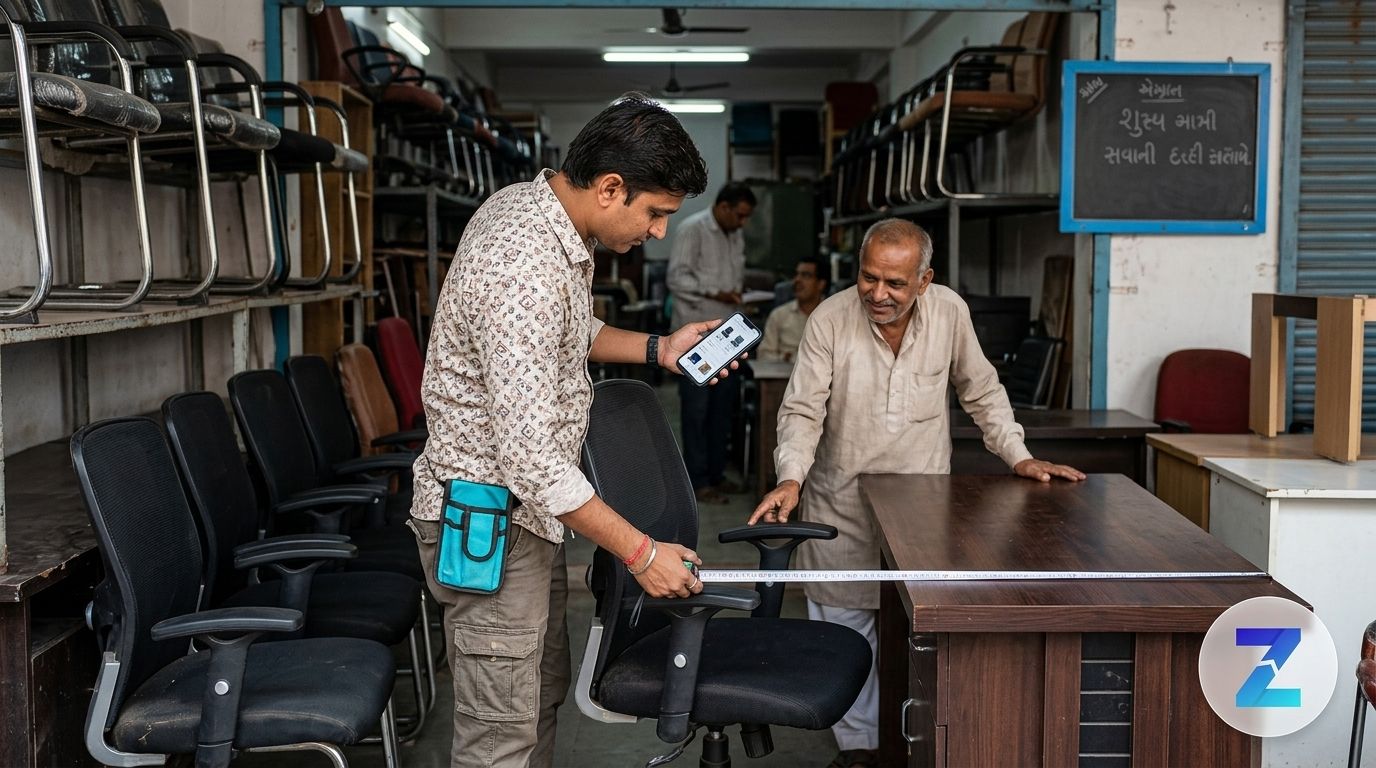 Buyer inspecting a used office chair and desk in Gujarat with Zutilo marketplace branding