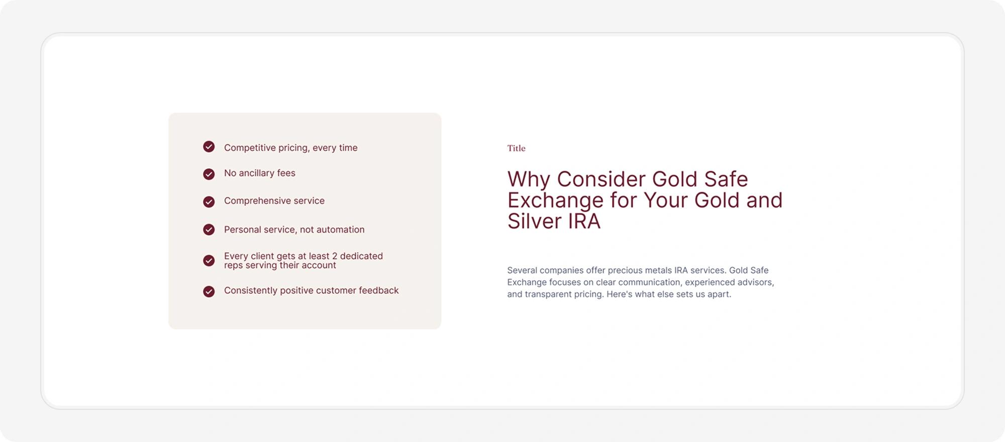 Gold Safe Exchange website ui ux design screen checklist section