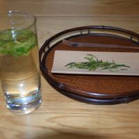 Professional tasting of wholesale Da Fo Longjing green tea, showcasing flat leaves brewing in a tall glass and a clear, bright liquor.