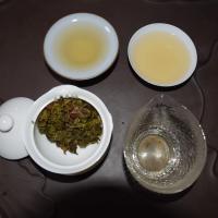 Professional brewing demonstration of wholesale Jasmine Dragon Pearl green tea, showcasing the tightly hand-rolled pellets unfurling in a glass teapot of clear water.