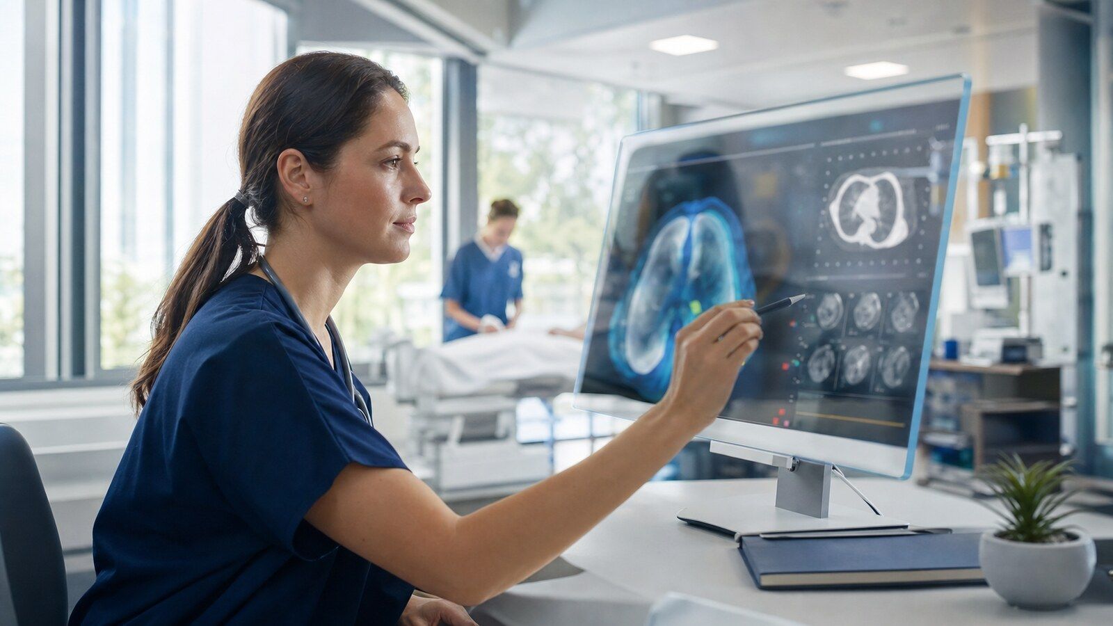 Clinician reviewing an AI-assisted medical scan in a modern healthcare setting