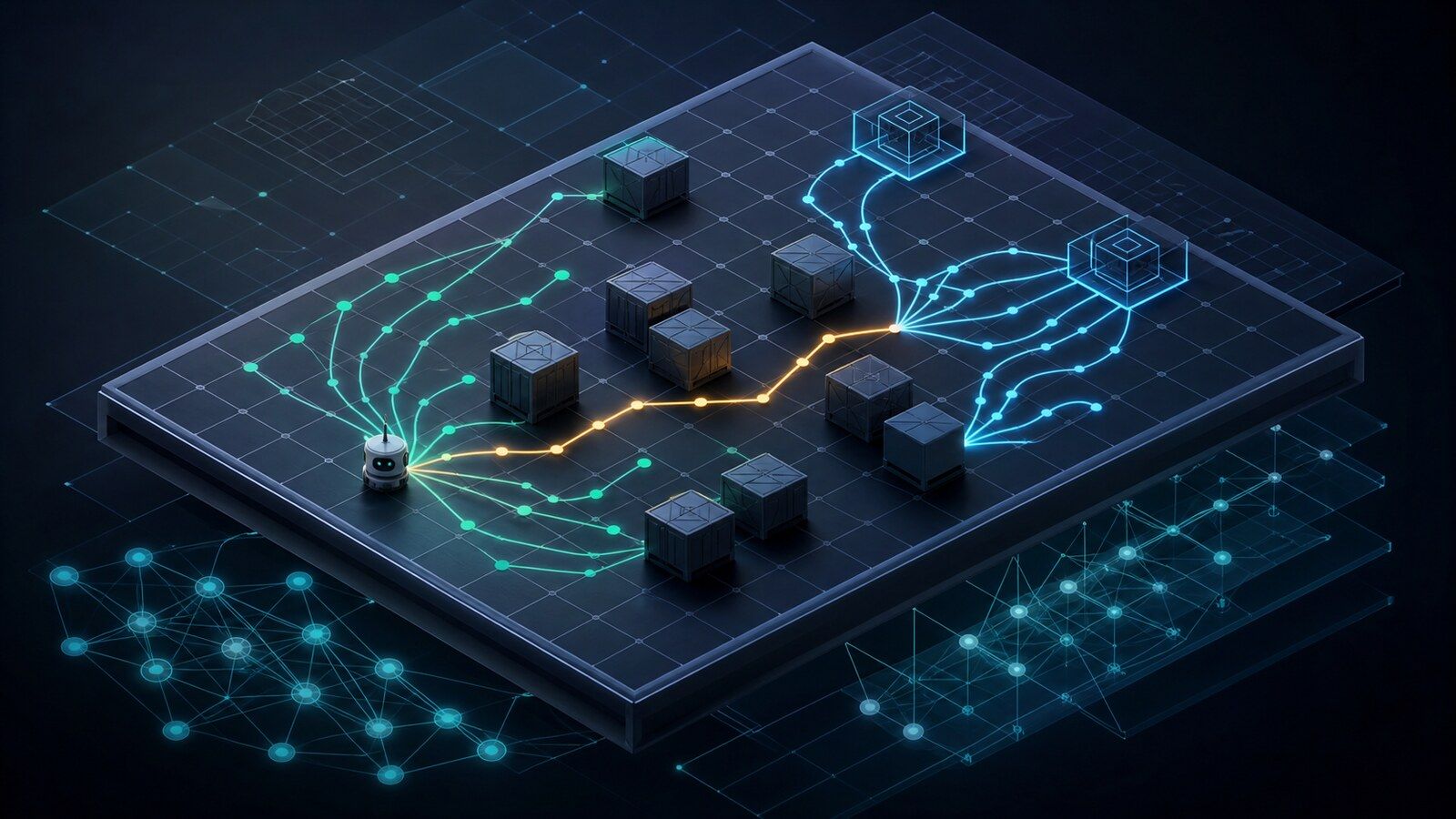 An AI agent forming forward and backward plans through a warehouse puzzle.