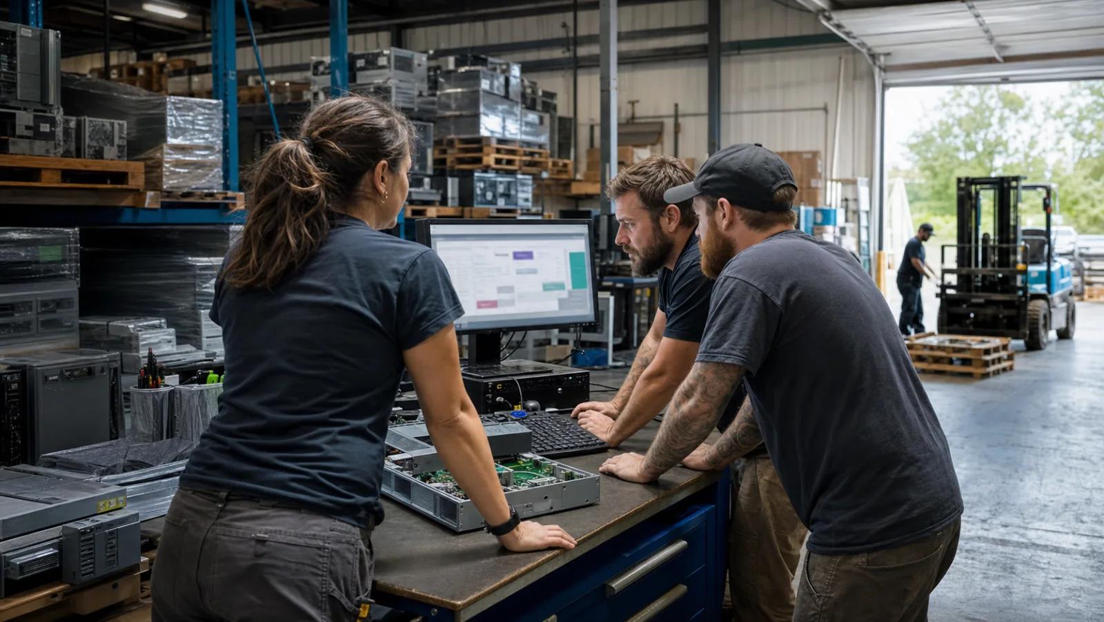 An electronics recycling team using a local operations workstation