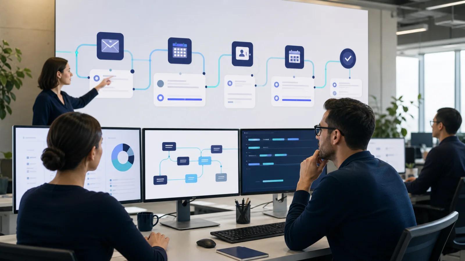 An operations team viewing connected AI workflow systems