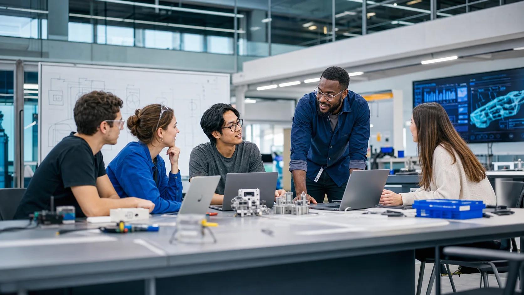 Students and an industry mentor collaborating in a modern engineering workspace