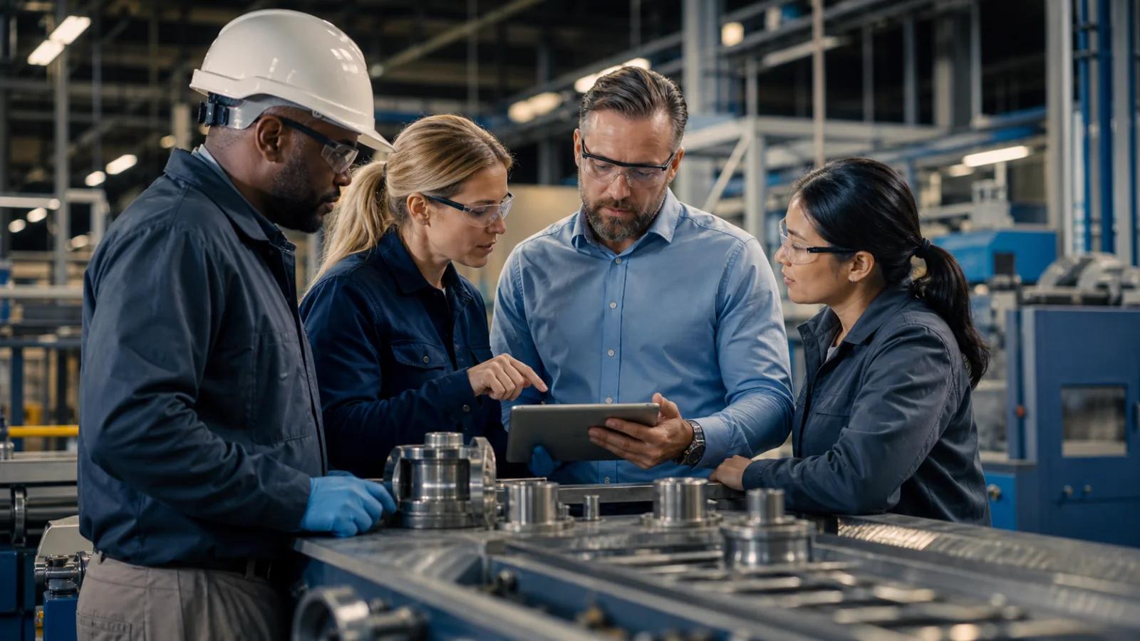 An operations team reviewing maintenance, quality, and throughput indicators in a factory