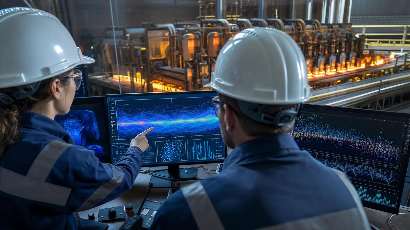 Engineers reviewing AI-assisted process data near a glass furnace control area