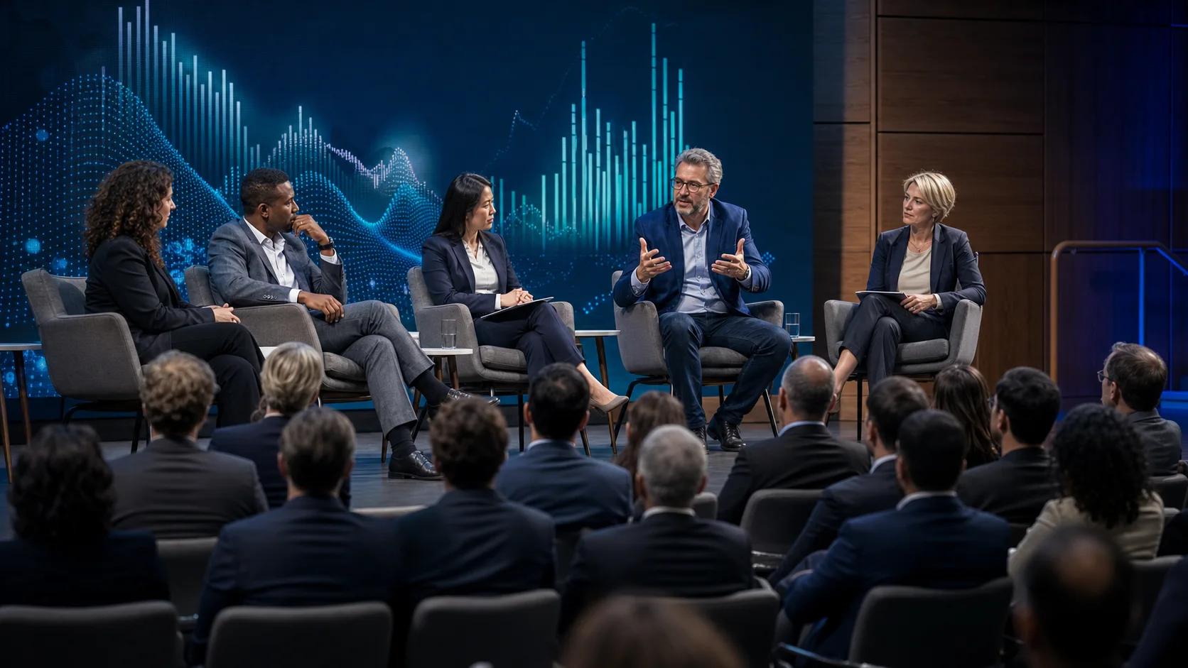 Business and technology leaders discussing the future of work in a university auditorium
