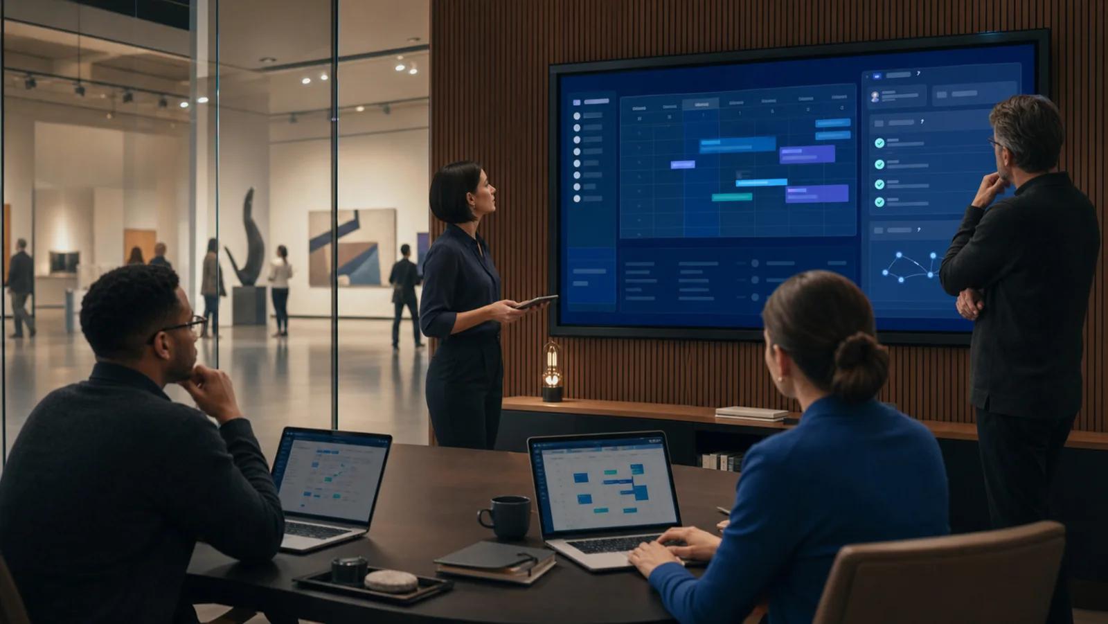 Museum operations staff reviewing an AI-assisted scheduling workflow