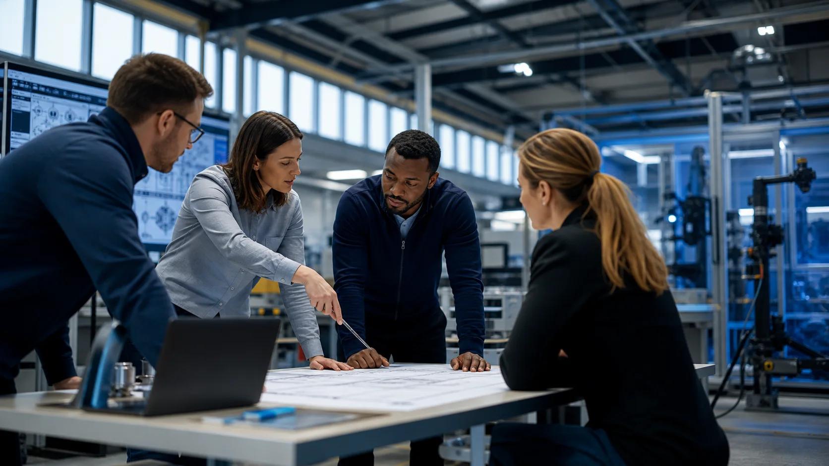A manufacturing innovation team reviewing a business expansion roadmap