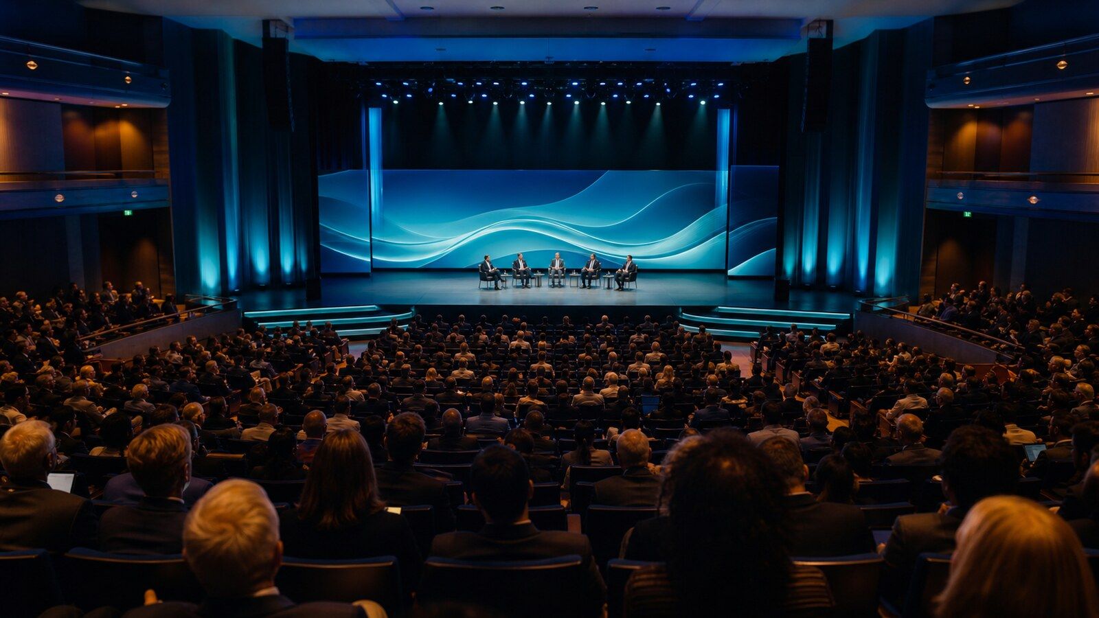 National AI experts speaking to a full conference auditorium