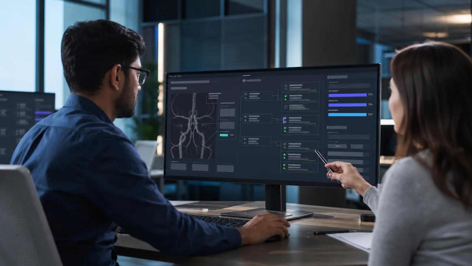 A clinical data analyst reviewing an AI-assisted registry workflow