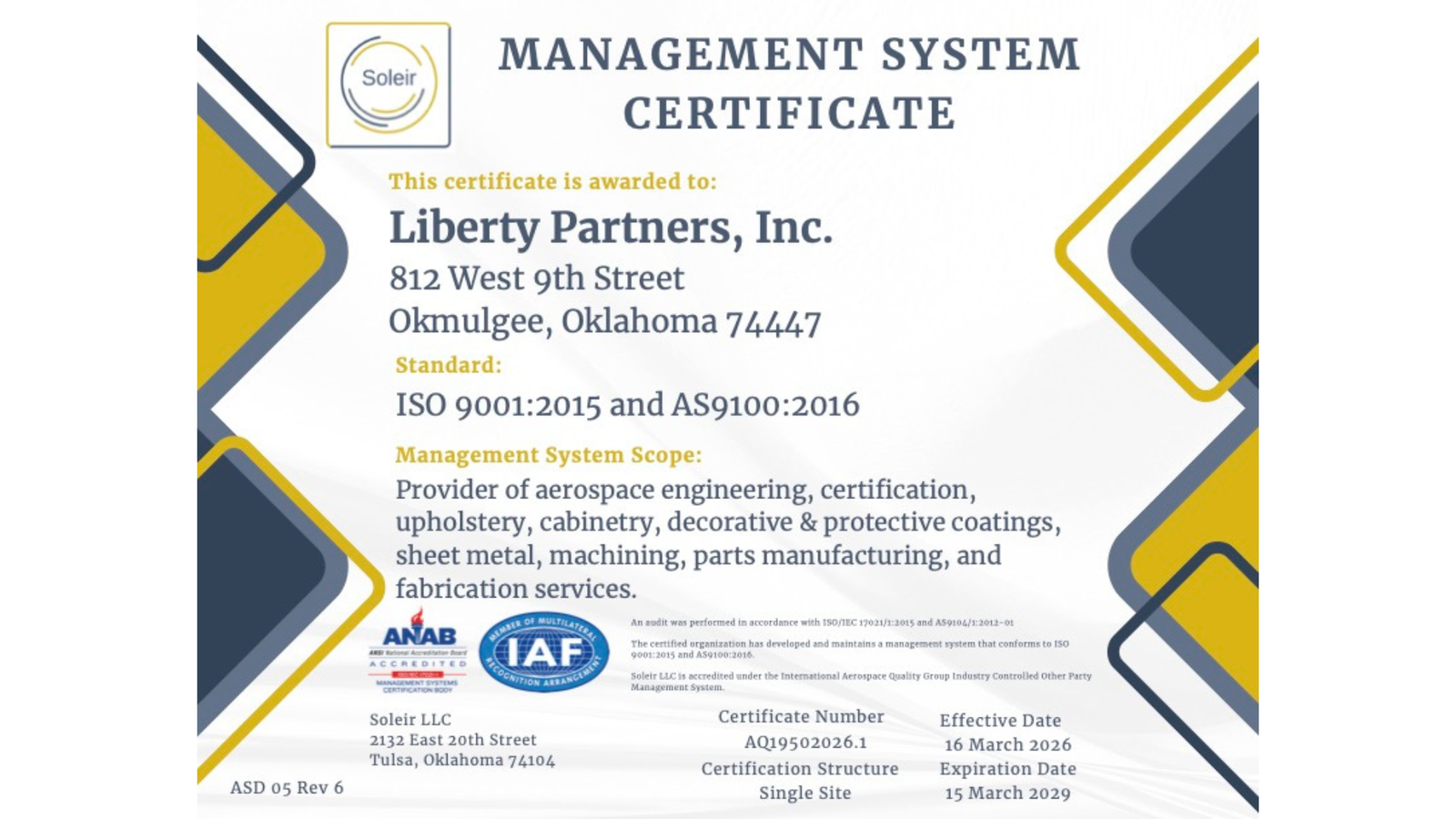 Liberty Partners, Inc. Achieves ISO 9001:2015 / AS9100:2016 Certification