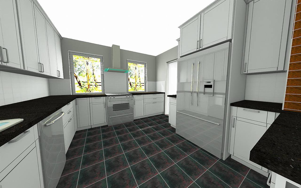 3D rendering of a kitchen layout