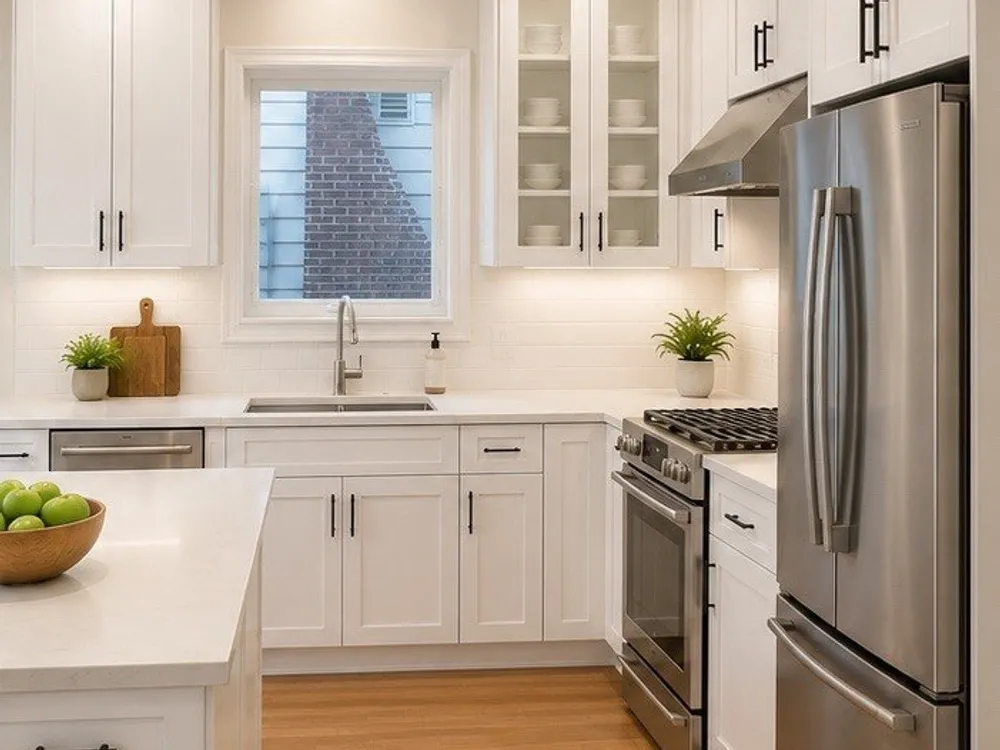 White Shaker kitchen with glass upper cabinets and stainless steel appliances