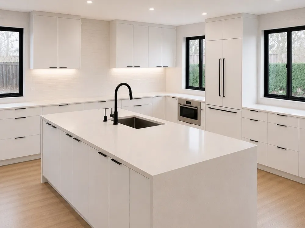 Bright white kitchen with a large island