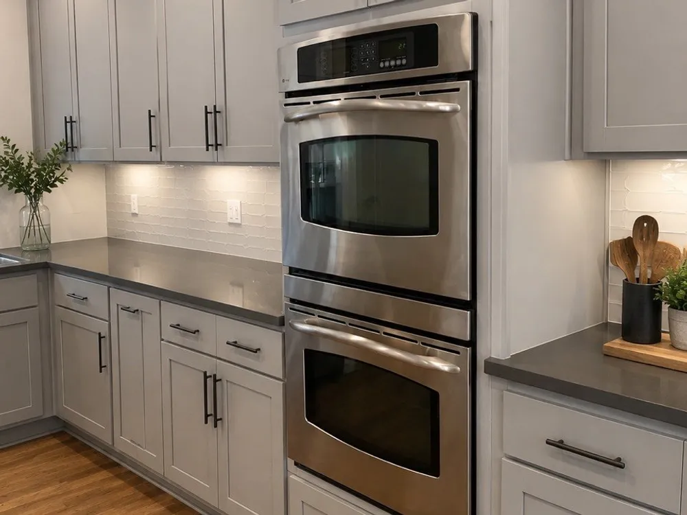 Light gray Shaker cabinets with stainless double wall ovens and dark countertops