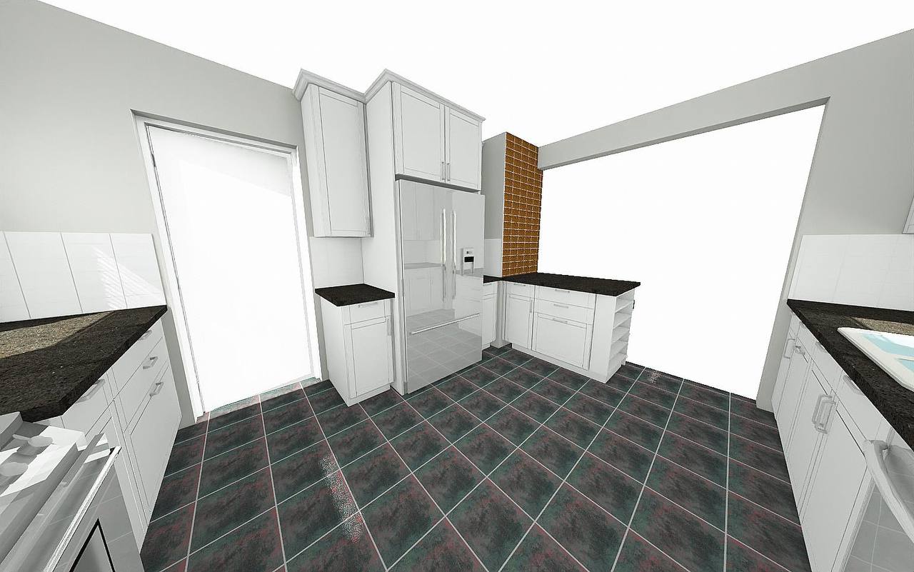 Second rendering of the same kitchen from the doorway