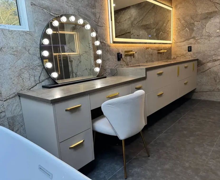 Black shower panel system with gray porcelain tile bathroom remodel