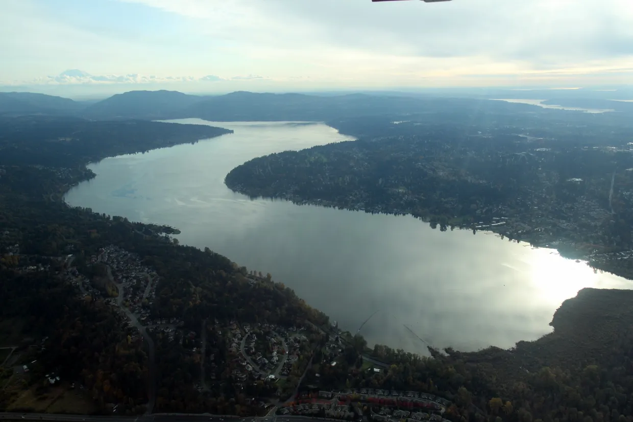 Aerial view of Lake Sammamish and the Sammamish plateau