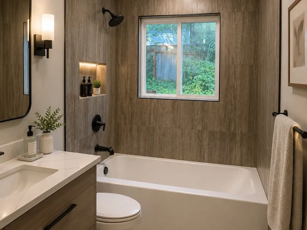 Tub with a tiled surround and a window