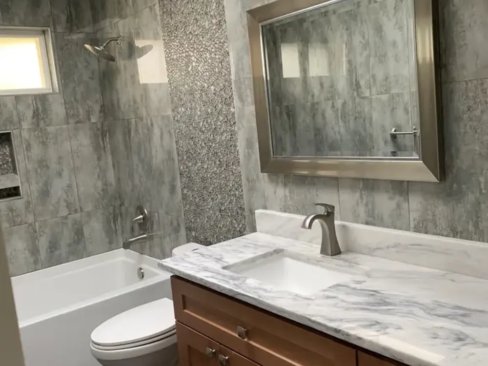 Wood vanity with a mirror