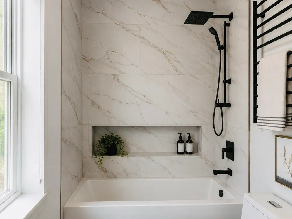 Marble tile shower with black fixtures and a niche