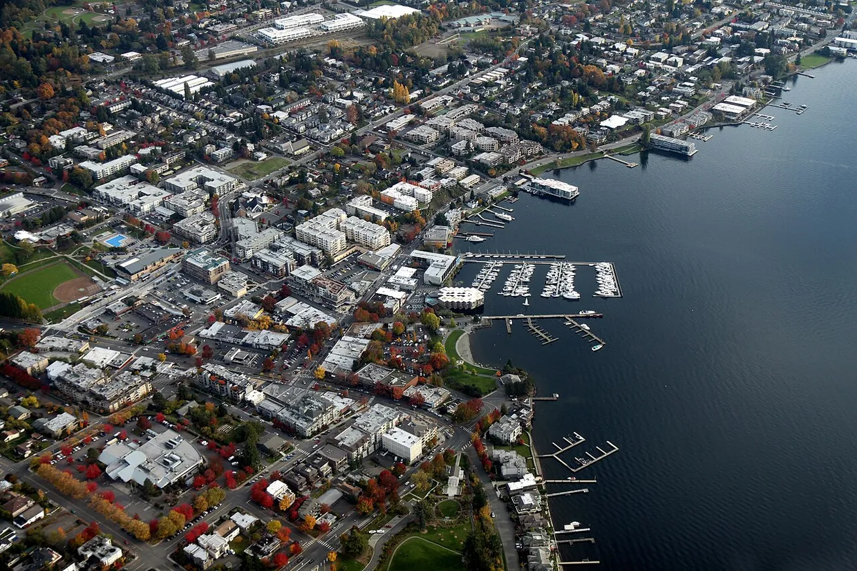 Aerial view of downtown Kirkland, WA with the marina and Lake Washington waterfront