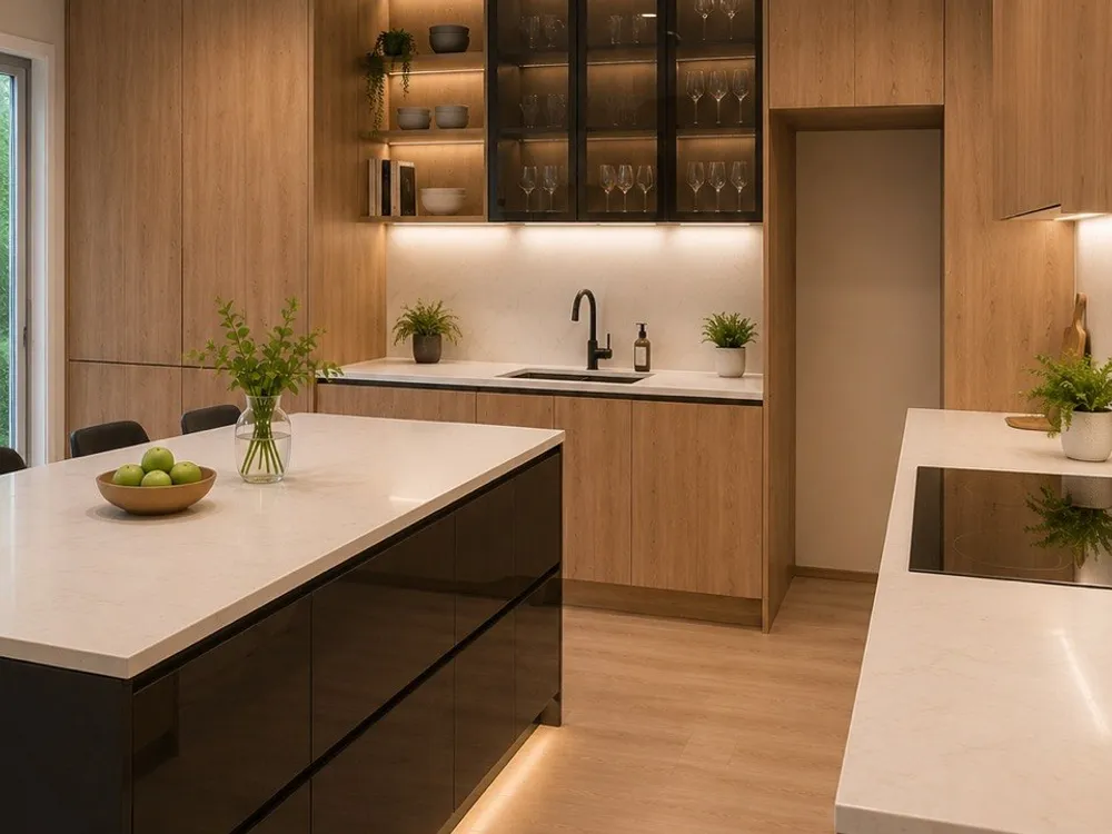 Two-tone kitchen with wood grain cabinets, a dark island and glass front uppers
