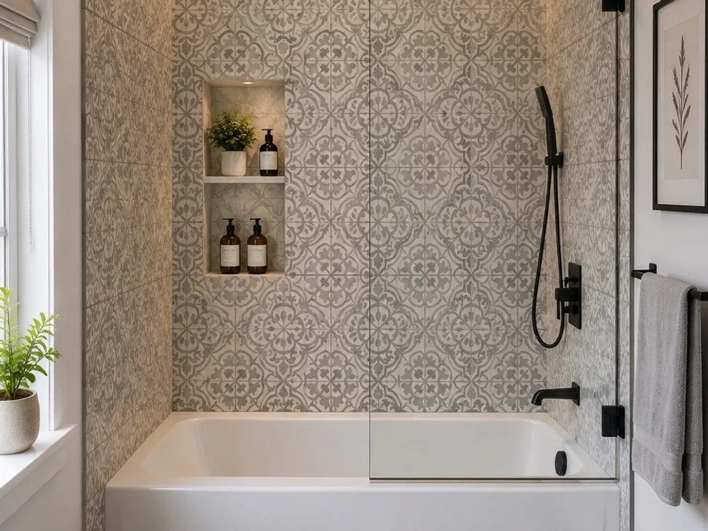 Tub surround in patterned tile with a niche and a shelf