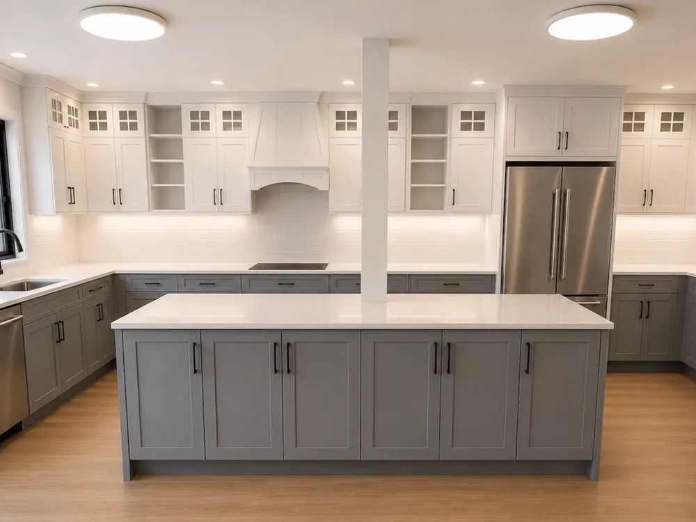 Spacious kitchen with a gray island, white perimeter cabinets and a custom range hood