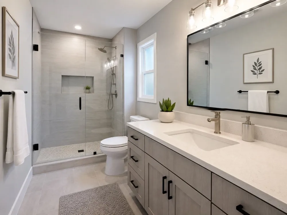Bathroom with a double vanity and a wide mirror