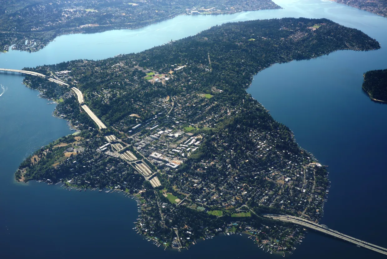 Aerial view of Mercer Island and the Interstate 90 bridges on Lake Washington
