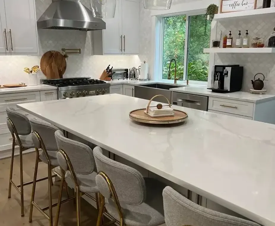 White quartz countertop island with pendant lights Kirkland WA