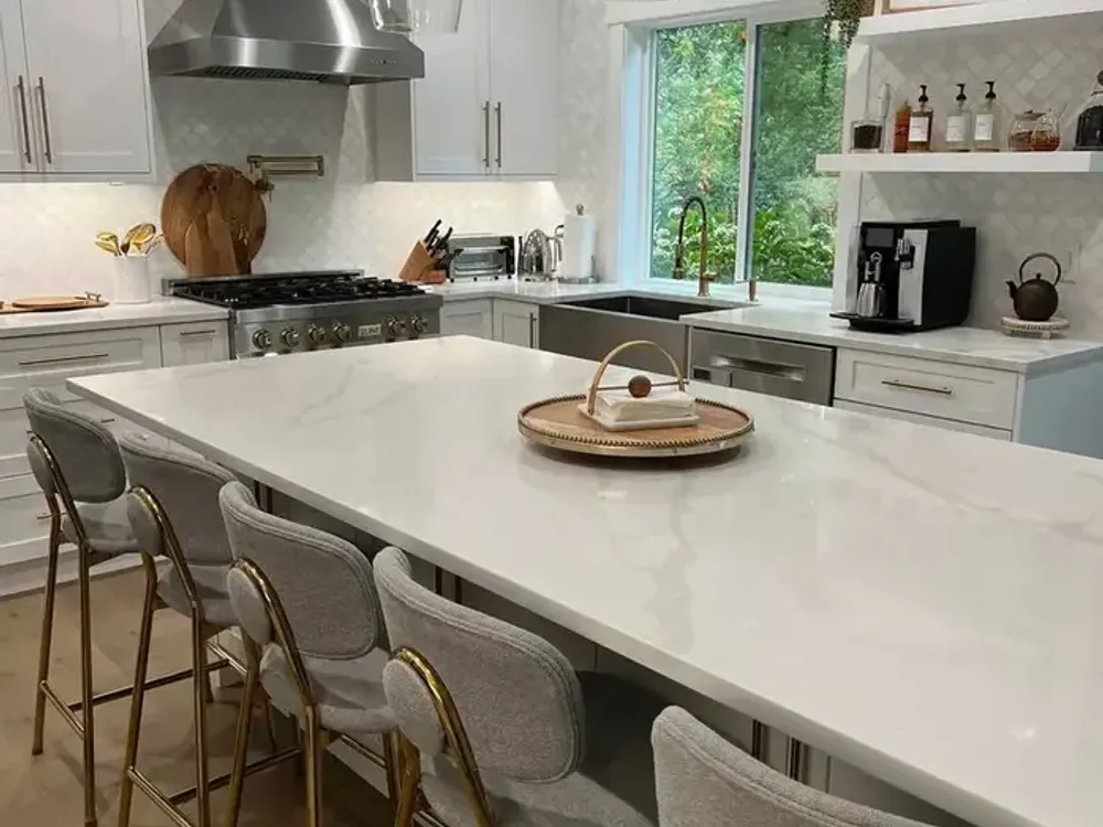 White quartz countertop island with pendant lights, Kirkland