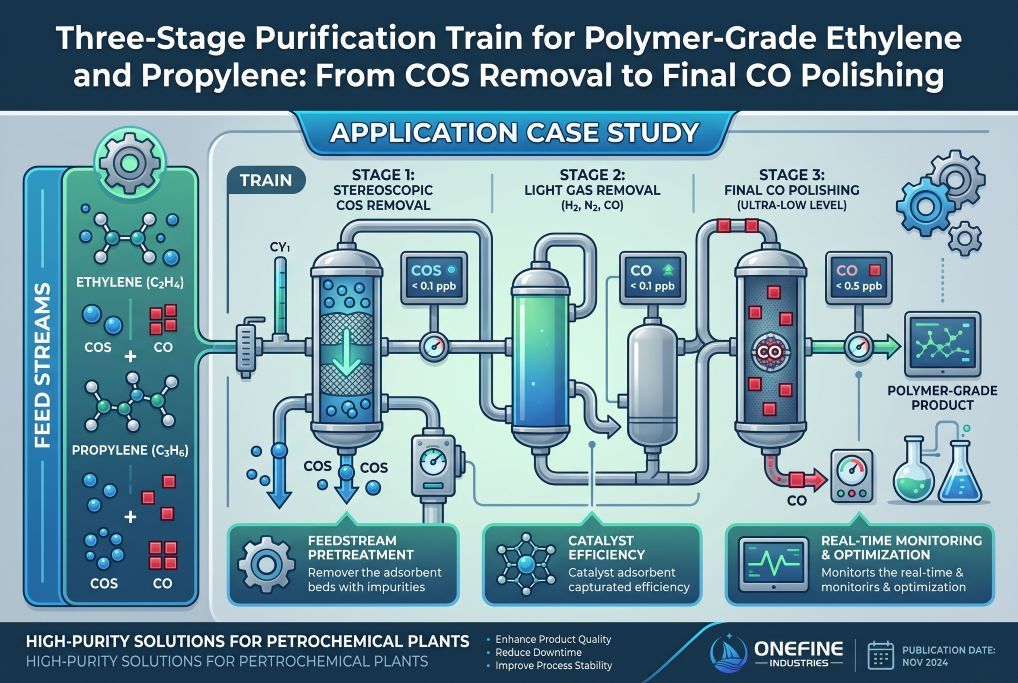 Three-Stage Purification Train for Polymer-Grade Ethylene and Propylene: From COS Removal to Final CO Polishing