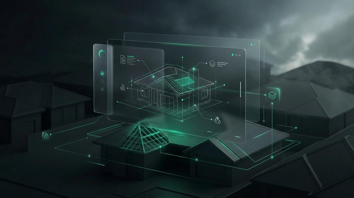 A glowing green digital interface analyzing a house wireframe over a stormy neighborhood.