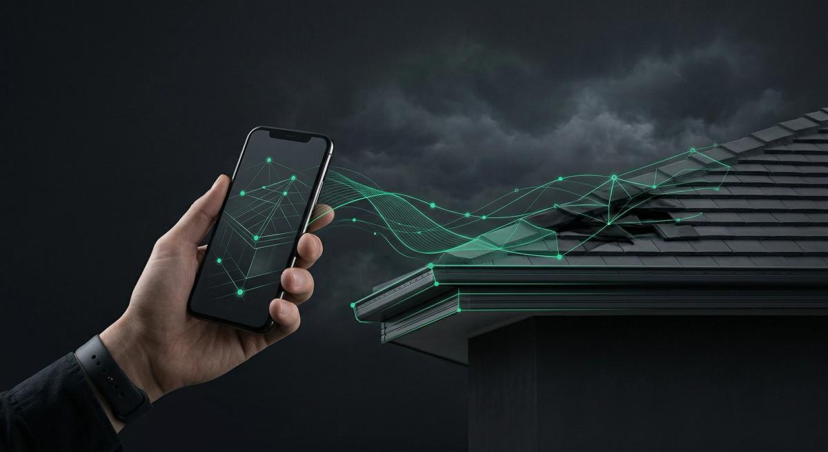 "A conceptual, moody image showing a hand holding a smartphone, from which glowing green geometric digital lines extend to scan and assess a subtly damaged section of a dark tiled roof. The background features dark, atmospheric storm clouds, representing a modern, technology-driven approach to storm damage documentation and insurance claims."