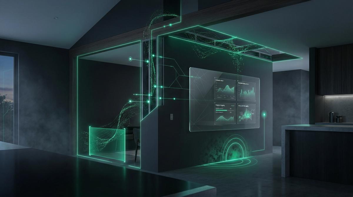 A modern, dark home interior with a futuristic green glowing digital data overlay on the walls.