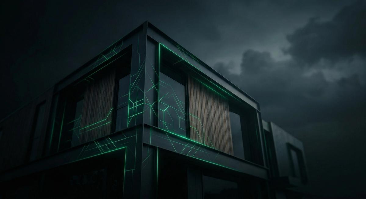 A modern building with glowing green circuit board patterns across its dark facade under a cloudy sky.