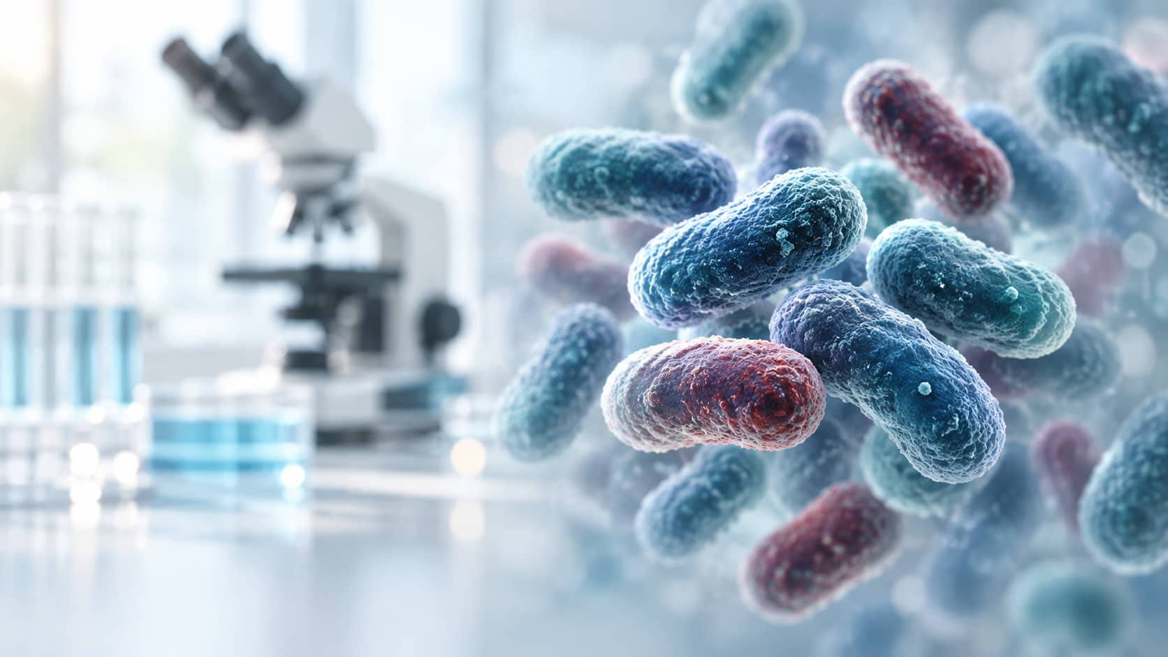 Conceptual illustration of Yersinia pestis bacteria with a modern medical laboratory background
