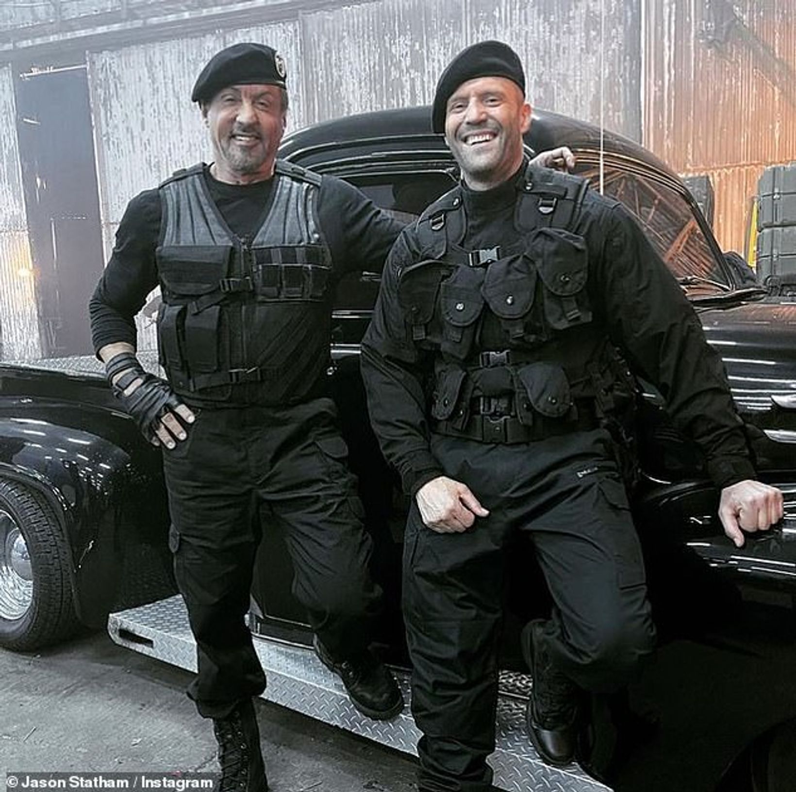 Suave: Sylvester Stallone (left) and Jason Statham (right) looked ready-for-action as they posed alongside one another during the filming of The Expendables 4 in a Wednesday Instagram post